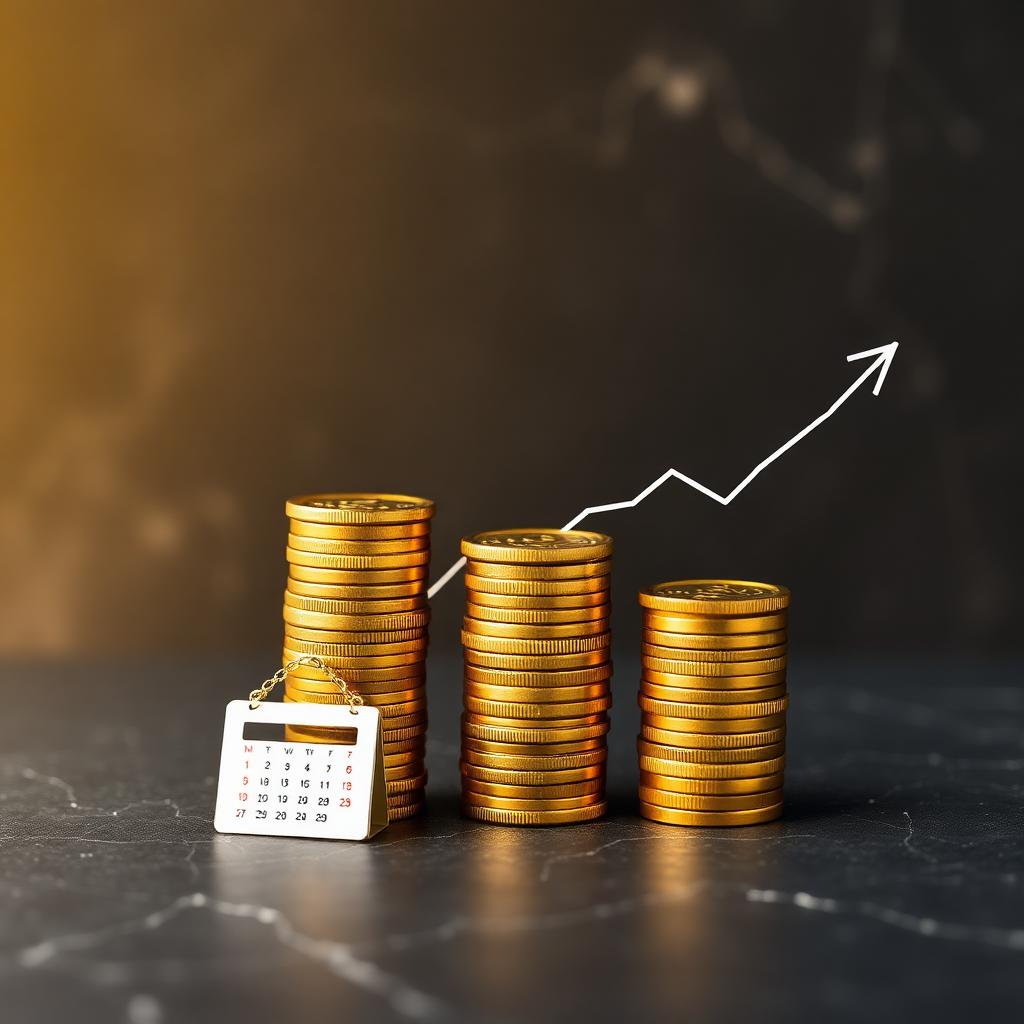 Drei aufsteigende Stapel Goldmünzen mit Kalender und Durchschnittspreis-Linie auf dunklem Schiefer – Cost-Average-Effekt Gold Ratgeber 2026