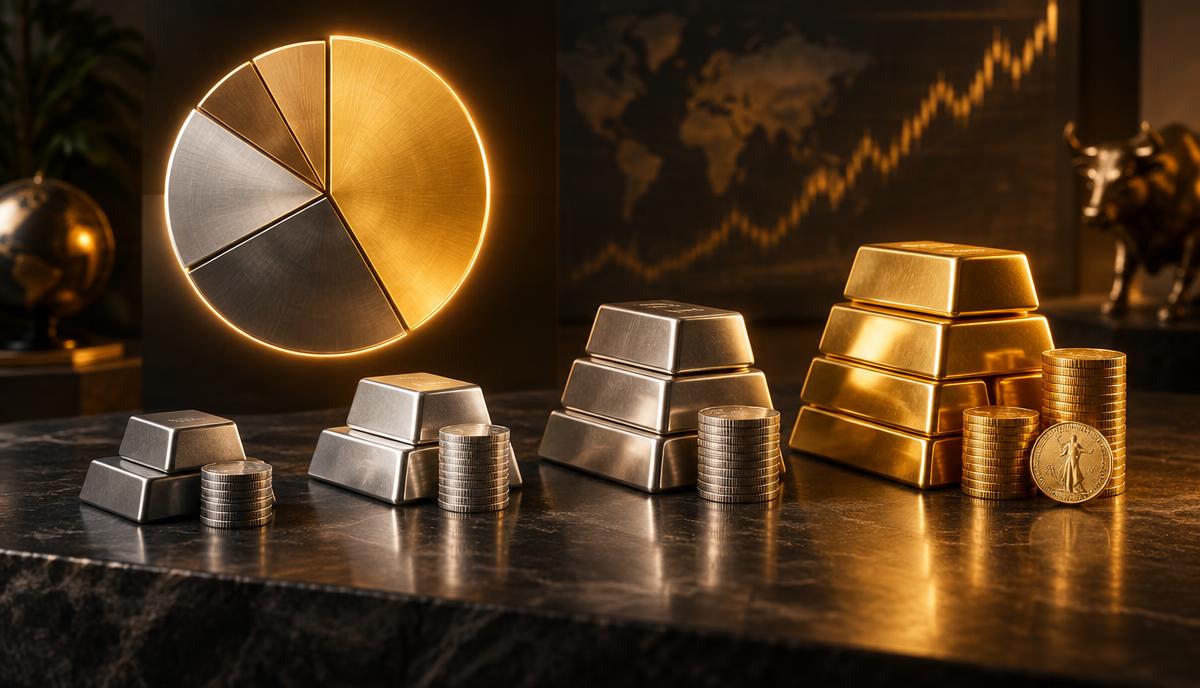 Gold-, Silber- und Platinbarren mit Tortendiagramm zur Portfolio-Allokation auf dunklem Marmor – Edelmetalle Portfolio Anteil Ratgeber 2026