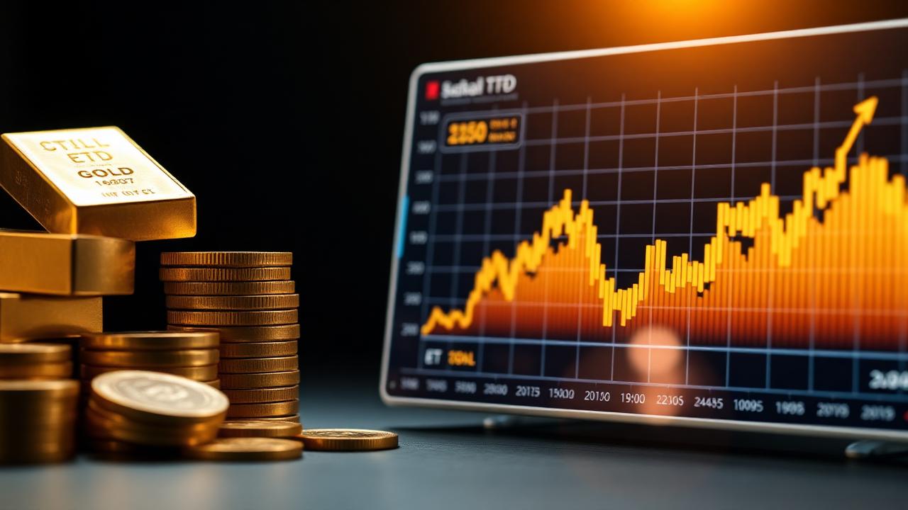 Goldbarren und Goldmünzen neben digitalem Börsen-Chart eines Gold-ETFs – Gold ETF vs. physisches Gold Vergleich 2026