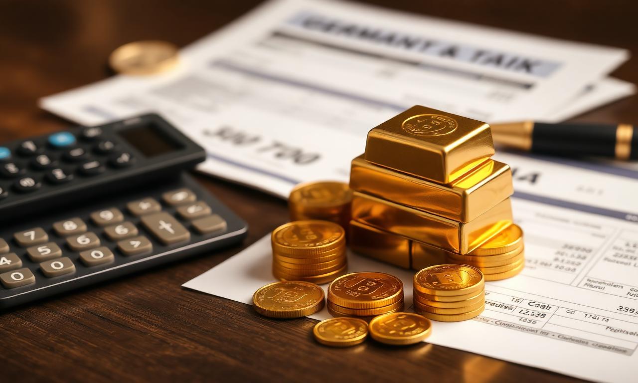 Goldbarren und Goldmünzen neben Steuerformularen, Taschenrechner und Stift – Gold kaufen Steuer Ratgeber 2026