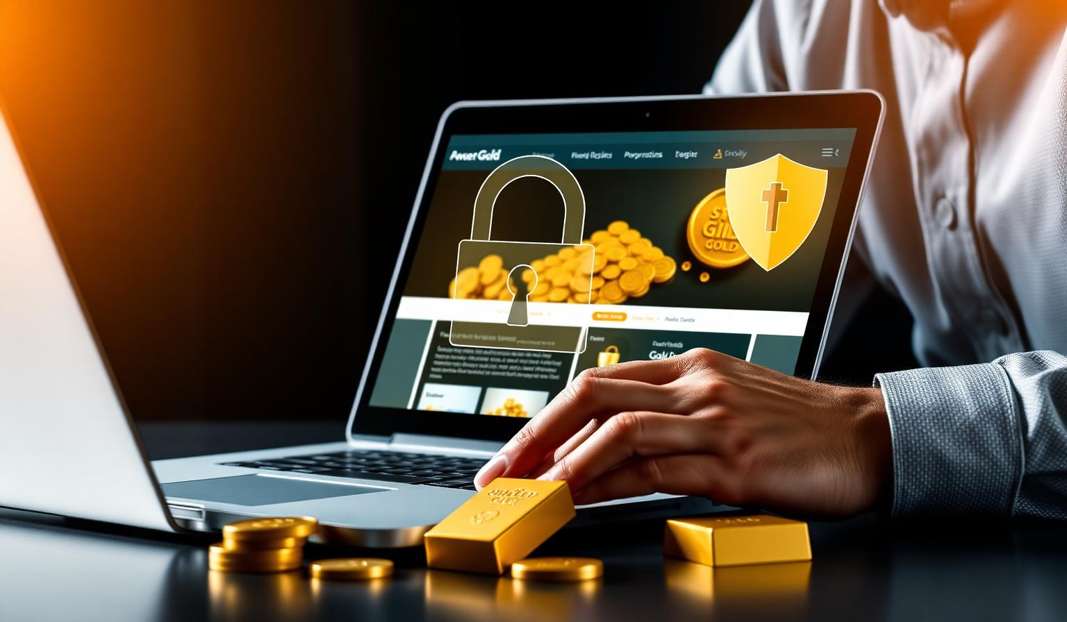 Person kauft Gold online am Laptop mit Goldbarren und Sicherheits-Symbol – Gold online kaufen sicher 2026