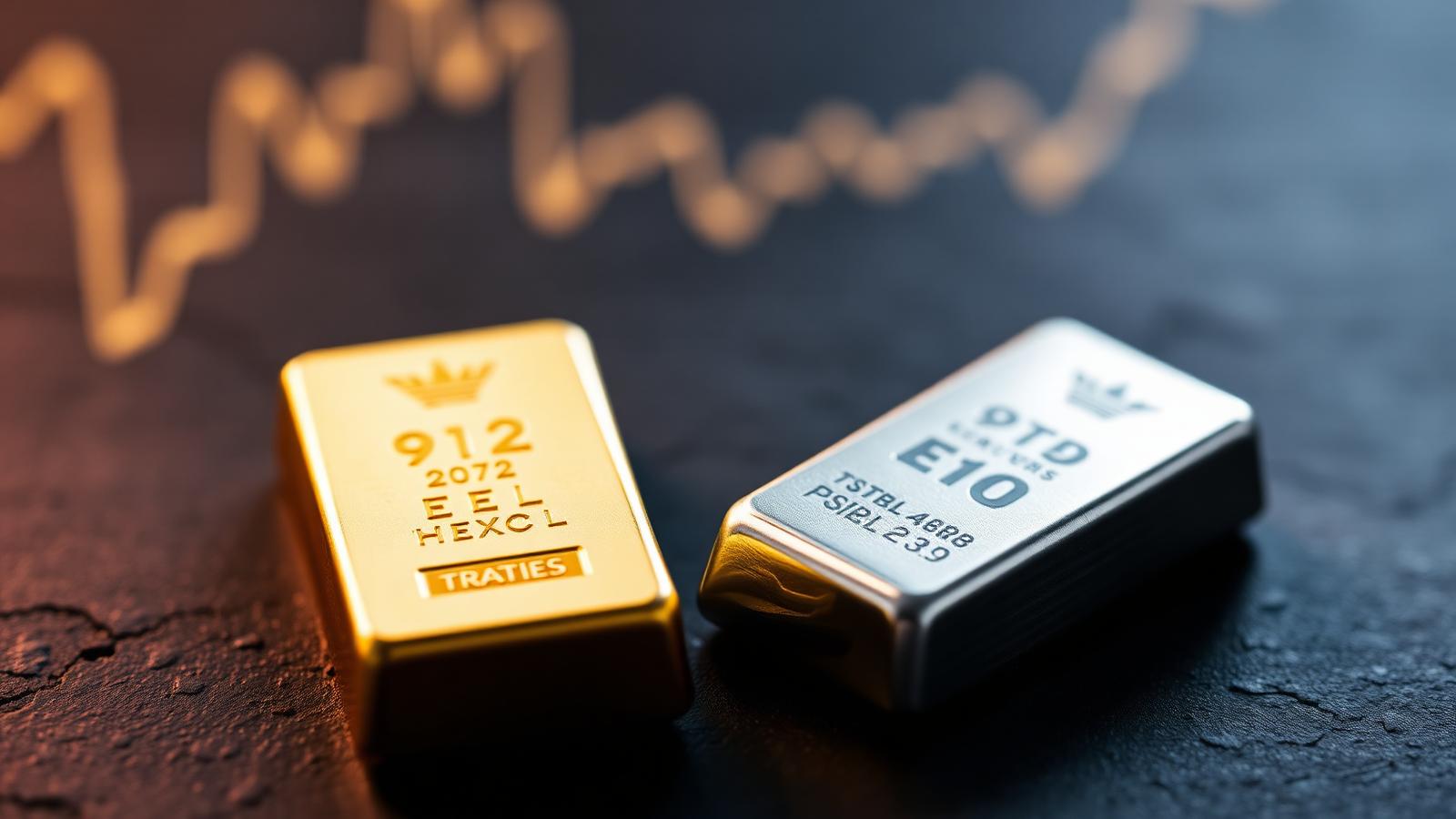 Goldbarren und Silberbarren nebeneinander auf dunklem Schiefer mit Kurschart im Hintergrund – Gold Silber Ratio erklärt Ratgeber 2026