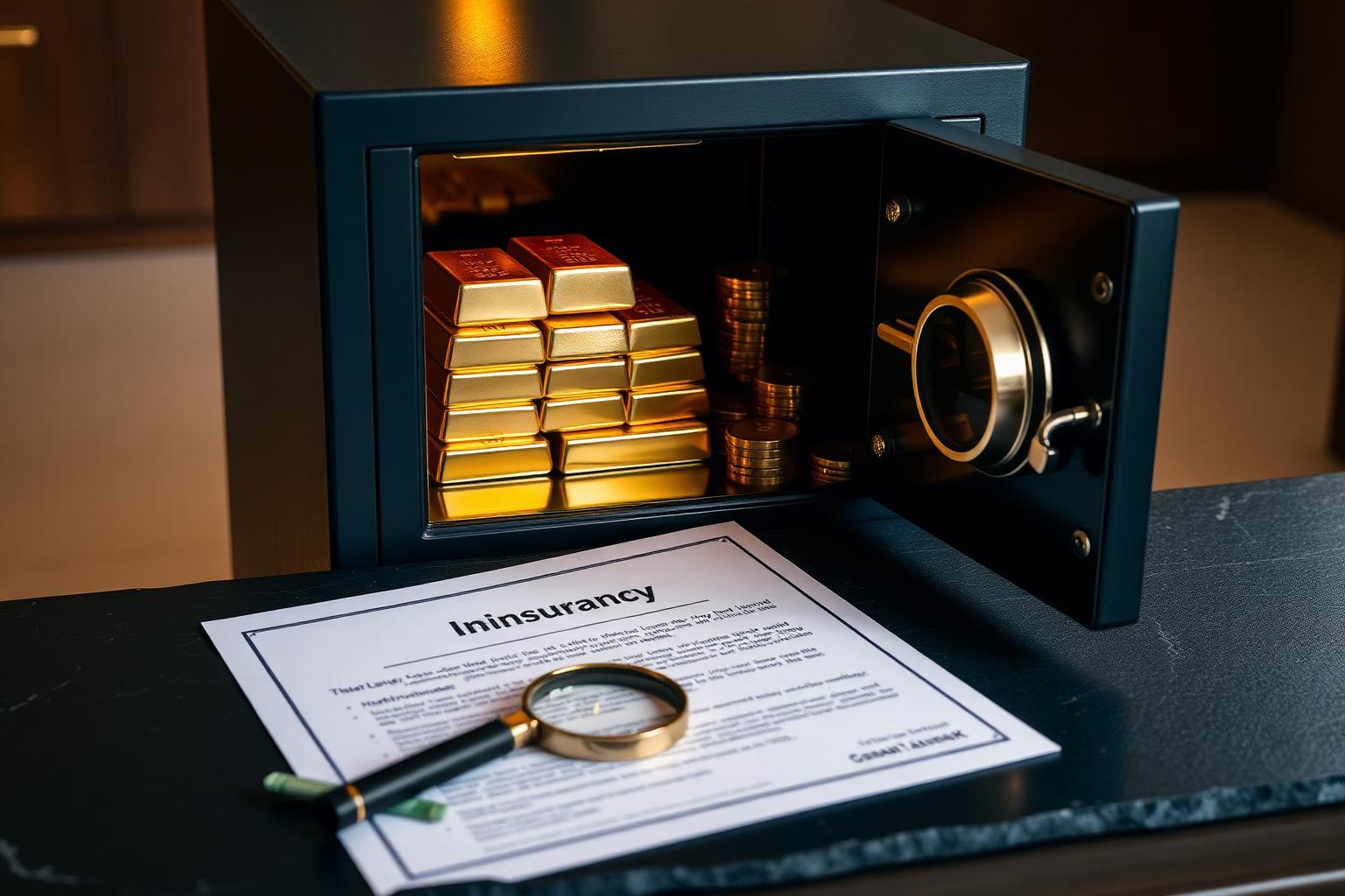 Offener Heimtresor mit Goldbarren und Goldmünzen neben Versicherungspolice und Lupe – Gold Tresor Versicherung Ratgeber 2026