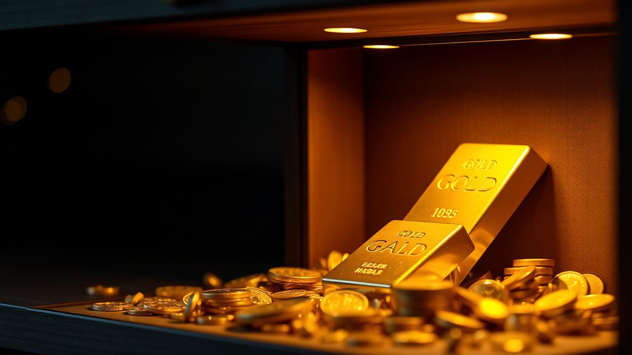 Goldbarren und Goldmünzen sicher verwahrt in einem modernen Heimtresor – Gold zuhause lagern Tipps 2026