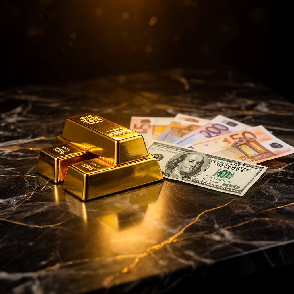 Goldbarren neben US-Dollar-Scheinen und Euro-Banknoten auf dunklem Marmor – Goldpreis Dollar Euro Unterschied 2026