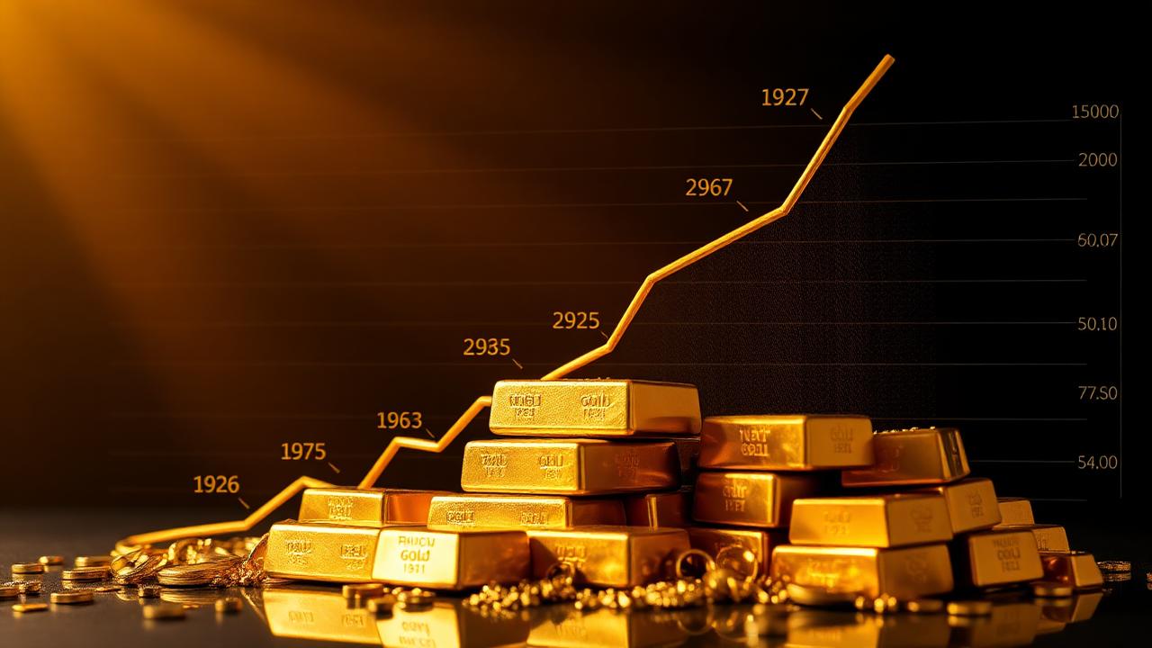 Goldbarren vor historischem Goldpreis-Chart mit Jahreszahlen – Goldpreis historisch Entwicklung 1900-2026