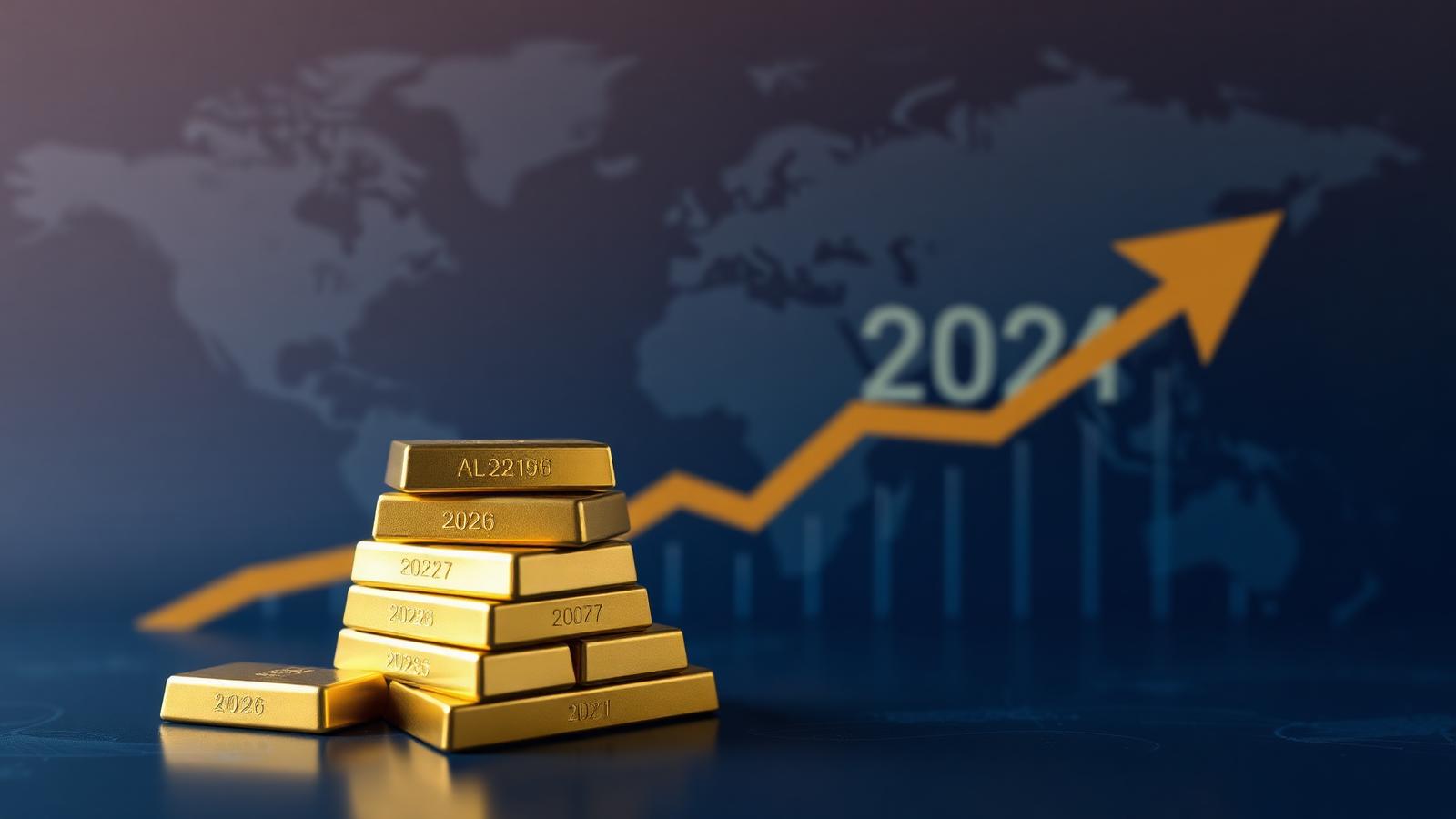 Goldbarren vor aufsteigendem Finanzchart mit Weltkarte – Goldpreis Prognose 2026-2027