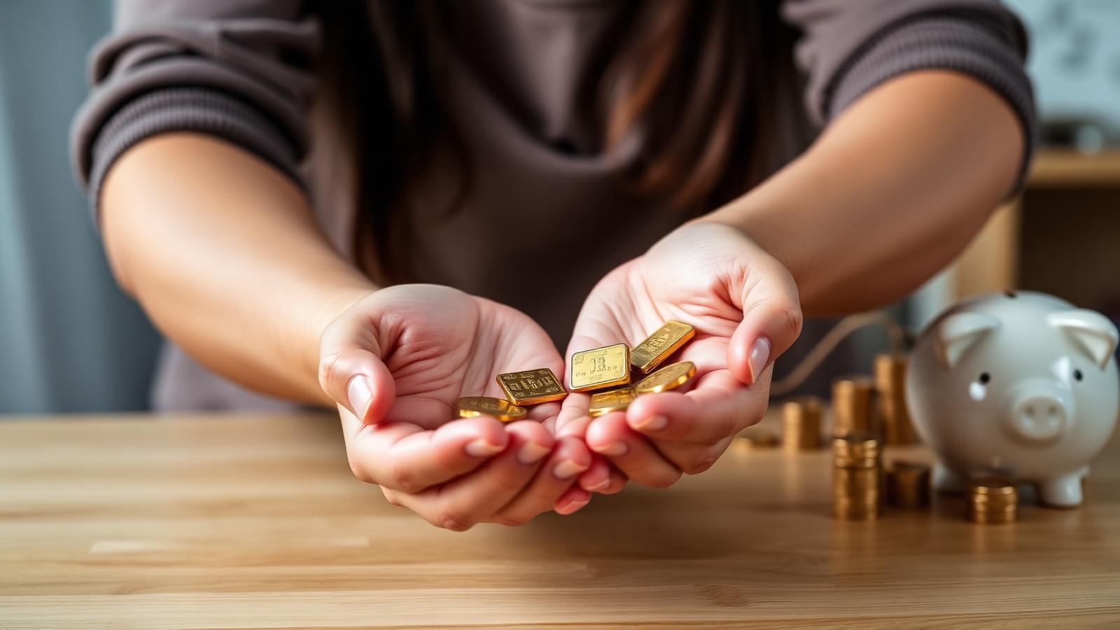 Hände halten kleine Goldbarren und Goldmünzen mit Sparschwein im Hintergrund – Goldsparplan Kind Vermögensaufbau 2026