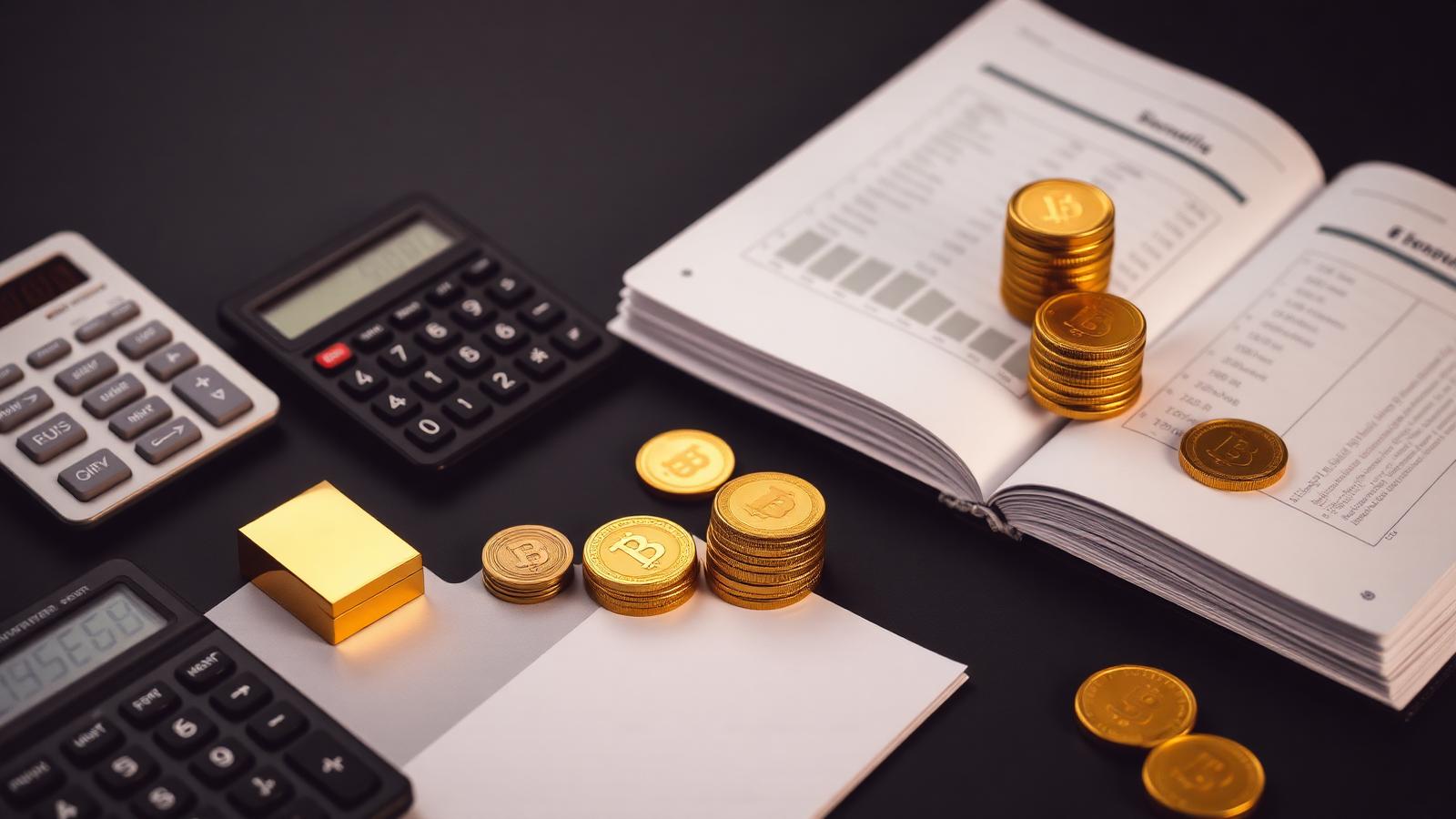 Goldbarren, Goldmünzen, Taschenrechner und Notizbuch mit Gebührentabelle – Goldsparplan Kosten & Gebühren 2026