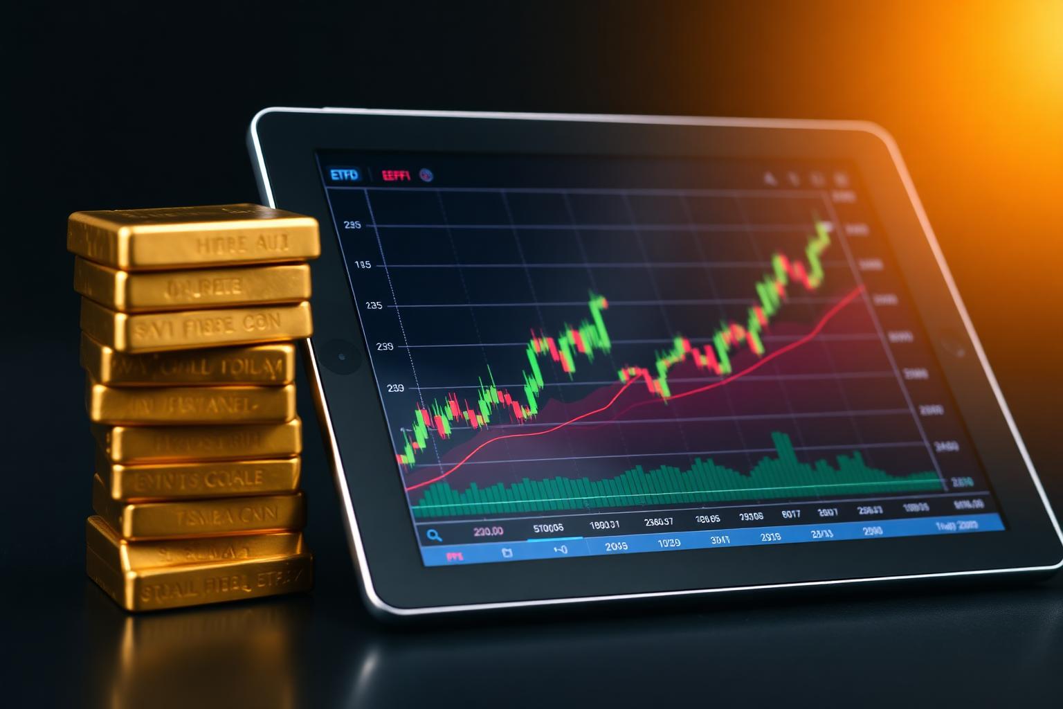 Stapel Goldbarren neben Tablet mit aufsteigendem ETF-Chart – Goldsparplan vs. ETF Vergleich 2026