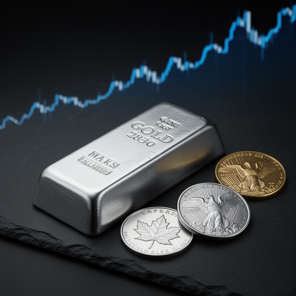 Palladiumbarren und Palladiummünzen auf dunklem Schiefer mit kühlem silberweißem Licht – Palladium kaufen Ratgeber 2026
