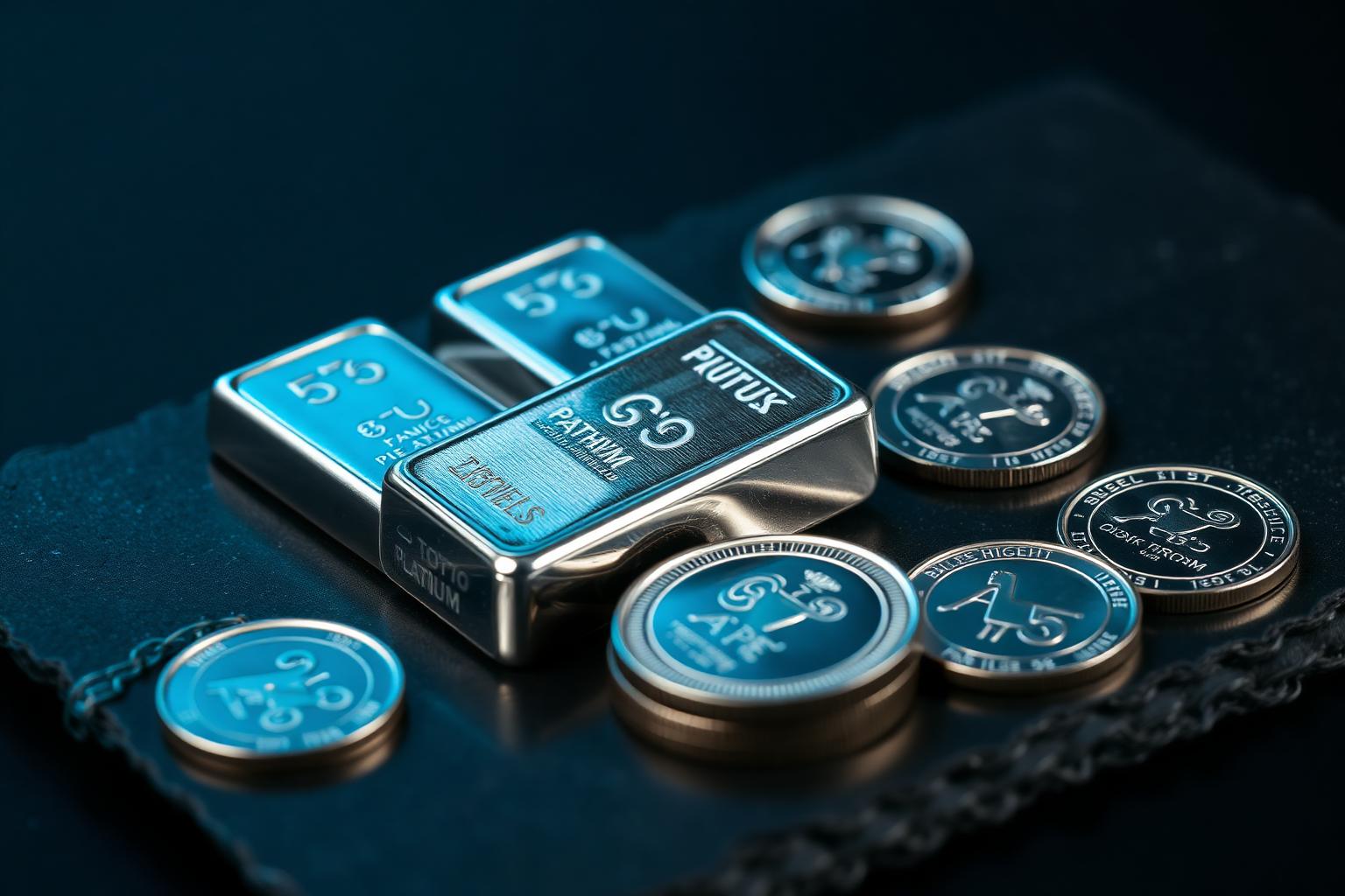 Platinbarren und Platinmünzen auf dunklem Schiefer mit silberblauem Licht – Platin kaufen Ratgeber 2026