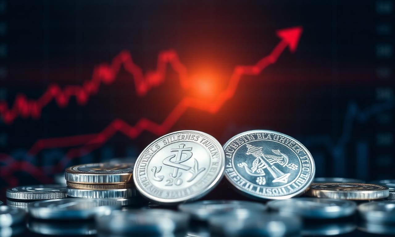 Silbermünzen und Silberbarren vor aufsteigendem Finanzchart – Silber Preis Prognose 2026